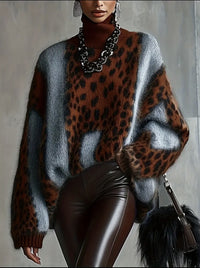 Leopard Print Loose Fit Vintage Patchwork Knit Sweater
